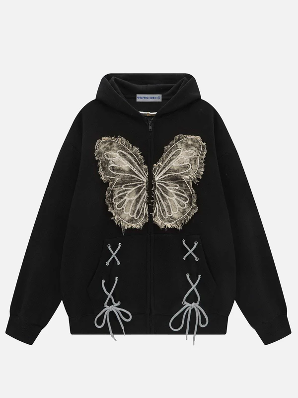 Aelfric Eden Fringe Washed Butterfly Hoodie black